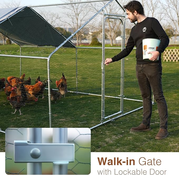 Extra Large Metal Chicken Coop for 50-55 Chickens, Walk-in Chicken Run, Chicken Pen Outdoor W/Cover, Waterproof & Anti-UV, 32.8' D x 9.8' W x 6.4' H, Wire Mesh Poultry Cage for Yard #LYJL10JD-US