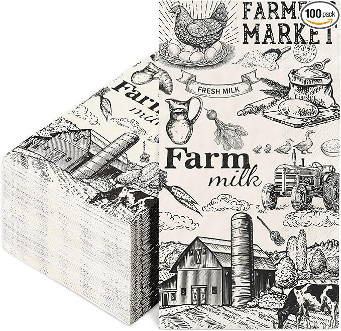 100Pcs Milk Farm Guest Napkins Cow House Disposable Paper Napkin Vintage Farmhouse Dinner Hand Napkins for Party Supplies Table Decor