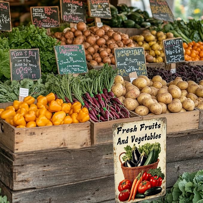 Vegetable Wall Decor Fresh Fruits And Vegetables Metal Tin Sign 12x16 Inch Funny Farmer's Market Tin Poster Retro Home Kitchen Garden Yard Restaurant Wall Decor