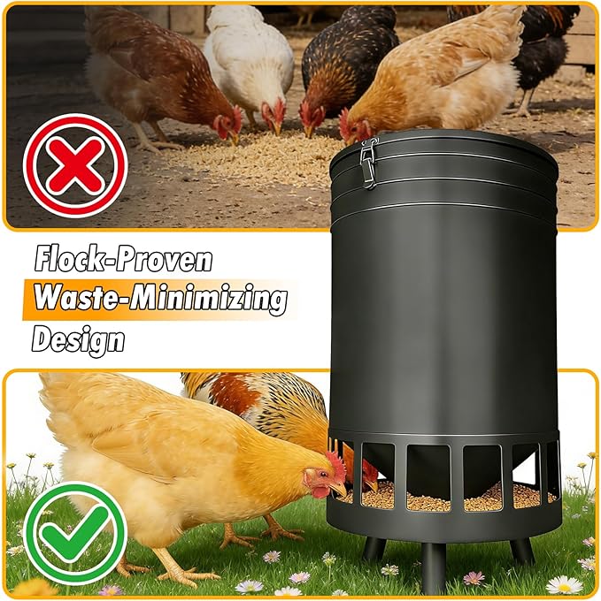 50LB Large Capacity No-Waste Chicken Feeder - Automatic Gravity Dispenser with 16 Feeding Ports, Spill-Control Design, Rust-Proof Powder Coated Metal Poultry Feeder for Coop & Outdoors
