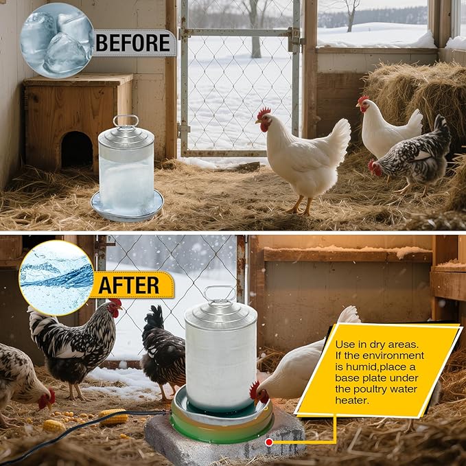 Chicken Water Heater for Winter 12.4", 125W Thermostat Chicken Drinker Heater Base for 3–5 Gal Metal Plastic Poultry Waterer, Water Heater for Chickens Duck with 6.6' Power Cord (Green,2PACK)