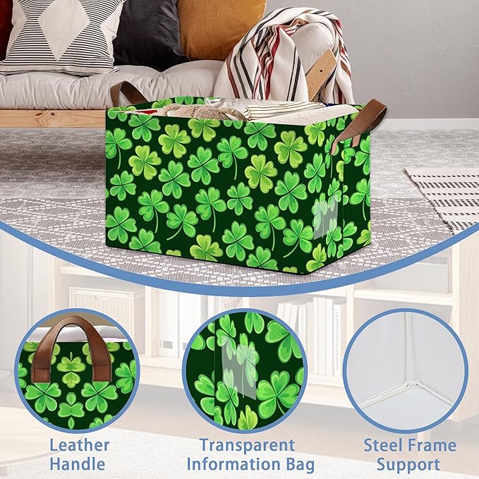 Lucky Clover Storage Basket with Handles,Patrick's day Collapsible Rectangle Organizer Bin for Room Decoration Books Box Baskets 17x11.5x10Inch