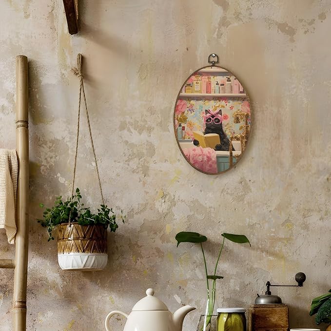 LKETW Funny Black Cat Bathroom Oval Wall Art Decor, Cat Bathroom Oval Canvas Hanging Decor, Eclectic Kitten Reading in Bathtub Wall Decorations for Washroom Restroom Toilet, 8.6x11.4 Inch