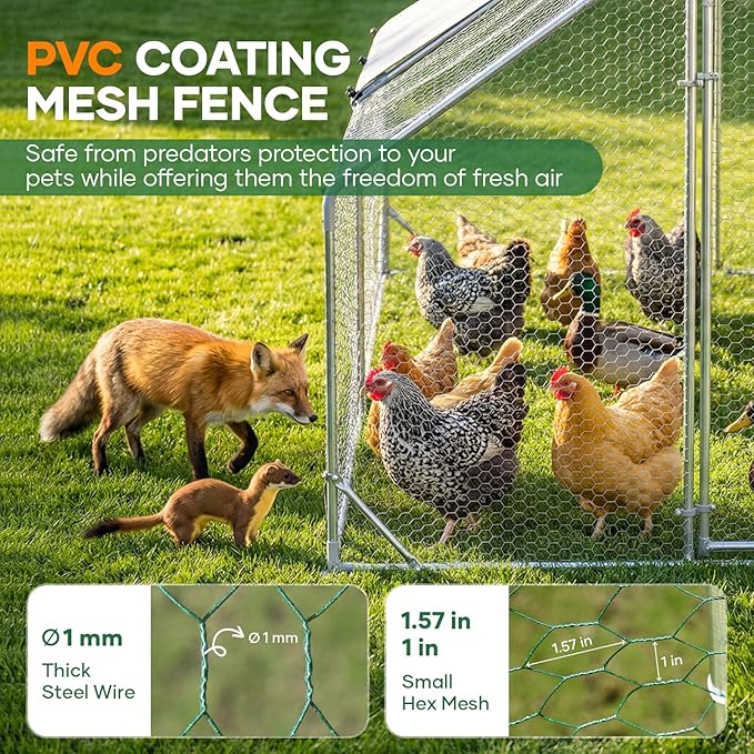 Large Chicken Coop for 10-20 Chickens Tri-Support Walk-in Chicken Pen Metal Chicken Fence Large Chicken Run for Yard with Cover Chicken Coops with Run House for Laying Hens Dome Roof 13x9.2x6.5 ft