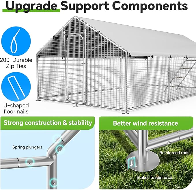 Large Metal Chicken Coop Run with Roosting Perch, Outdoor Poultry Cage with Waterproof & UV-Resistant Cover for Chickens, Ducks, Rabbits in Yard or Farm Use, Spire Roof(8.9'W x17.7'L x 6.6'H)