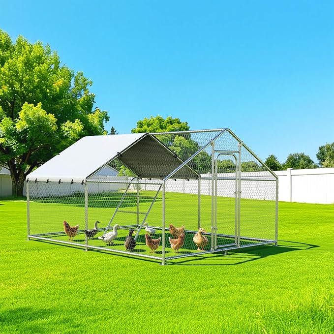 Large Metal Chicken Coop with Waterproof and UV-Resistant Cover,Chicken Run Outdoor Walk-in Cage Rabbit Duck Hen House for Yard Farm Use Spire Roof (10’ W x 9.9’ L x 6.4’ H)