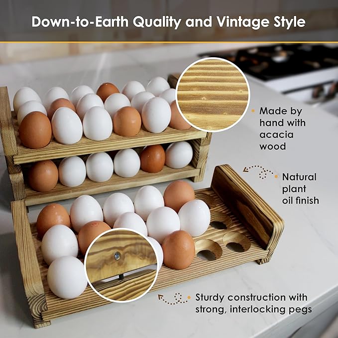 Expandable Stackable Wooden Egg Holder Countertop for 18 Eggs, Rustic Kitchen Decoration, Compact Egg Rack for Counter - Chicken Decor Design - Gui's Chicken Coop (Top Rack)