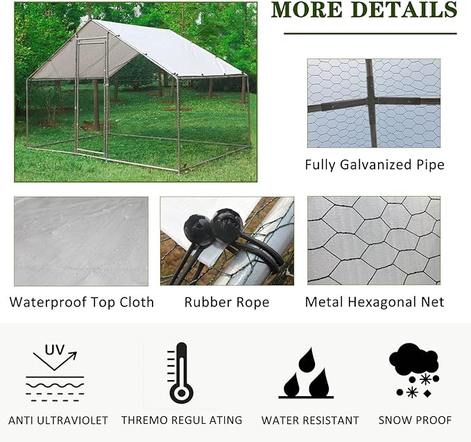 IchbinGo Large Metal Chicken Coop with Waterproof Cover, Walk-in Metal Poultry Cage Spire Shaped Coop, Chicken Run Duck House with Anti-UV Cover for Outdoor Backyard Farm (10' L x 6.6' W x 6.56' H)