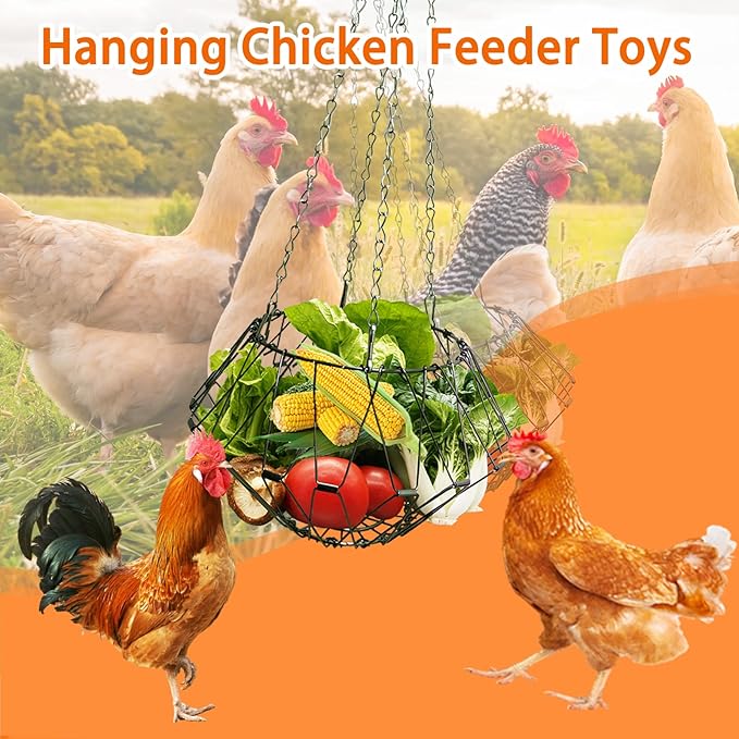 Hanging Chicken Feeder Accessories,11.81IN Large Foldable Chicken Vegetable Treat Holder Basket with 4Pcs Hanging Chain,Sturdy Poultry Feeding Cabbage Ball Boredom Toys for Chicken Coop(X-Large)