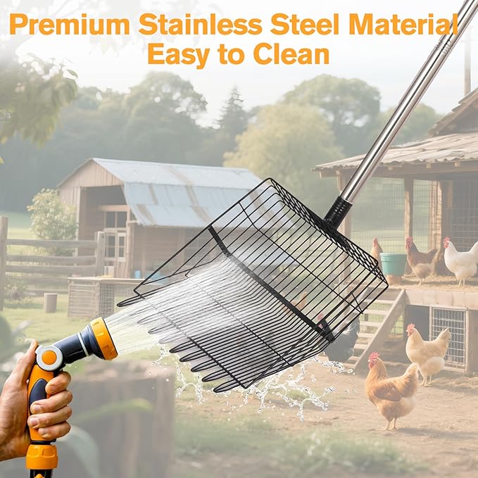 Reptilux Heavy Duty Chicken Poop Scooper Adjustable Long Handle - Stainless Steel Sifter Shovel for Sand & Hemp Bedding - Metal Coop Scoop Rake - Chicken Accessories for Poultry, Dog & Cat Litter