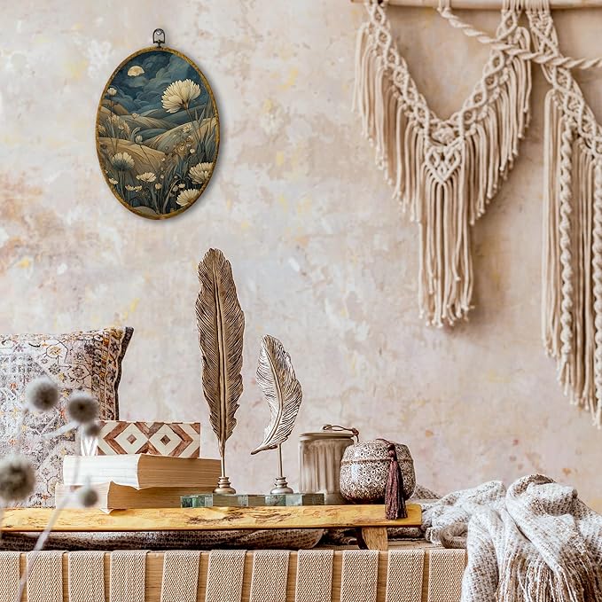 shiviody Vintage Floral Canvas Wall Art Decor, Retro Country French Gallery Wall Art, Antique Flower Nature Dark Botanical Oval Hanging Frame Prints Decorations for Living Room Bedroom Kitchen 8.6"x11.4"