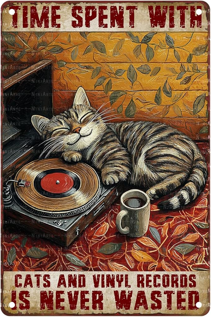 Vintage Vinyl Record Metal Sign Rustic Music Room Decor Cat Enthusiast Wall Art Quote 8X12Inch