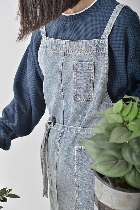 Cotton Denim Apron Soft - Unisex Adjustable Bib Apron with 5-Pockets Perfect for Kitchens