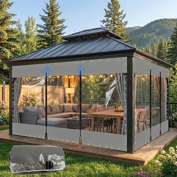 15'W X 8'H Outdoor Vinyl Curtains for Patio with Zippers, 21.16oz Clear PVC Screen Panels, Heavy Duty Porch Enclosure with Grommets for Outside Porch Balcony Pergola Gazebos
