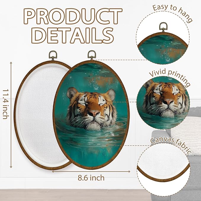 WULQYING Boho Funny Tiger Wall Art Decor, Fantastic Wild Animal Oval Framed Canvas Art Prints, Whimsical Tiger Sleeping in Water Wall Hanging Decor for Home Bedroom Living Room, 8.6x11.4 Inches