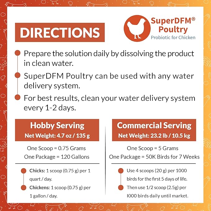 SuperDFM Poultry - All-Natural Probiotics for Chickens, Ducks, Quails & More - Poultry Supplements for Digestive & Immune Support - Makes 120 Gallons - 4.7oz (135g)