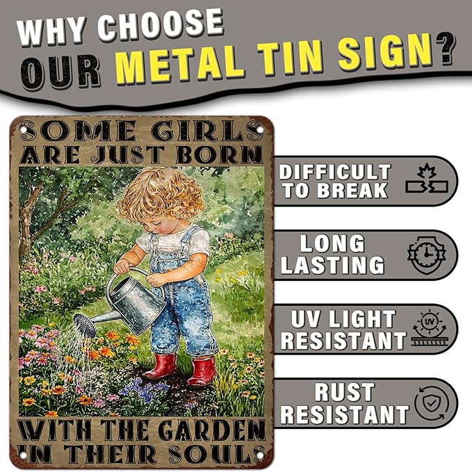PEACHGARDEN Garden Vintage Tin Sign Little Girl Gardening Some Girls are Just Born with The Garden in Their SoulsMetal Tin Sign Retro Plaque Kitchen Poster Man cave 12x16inch