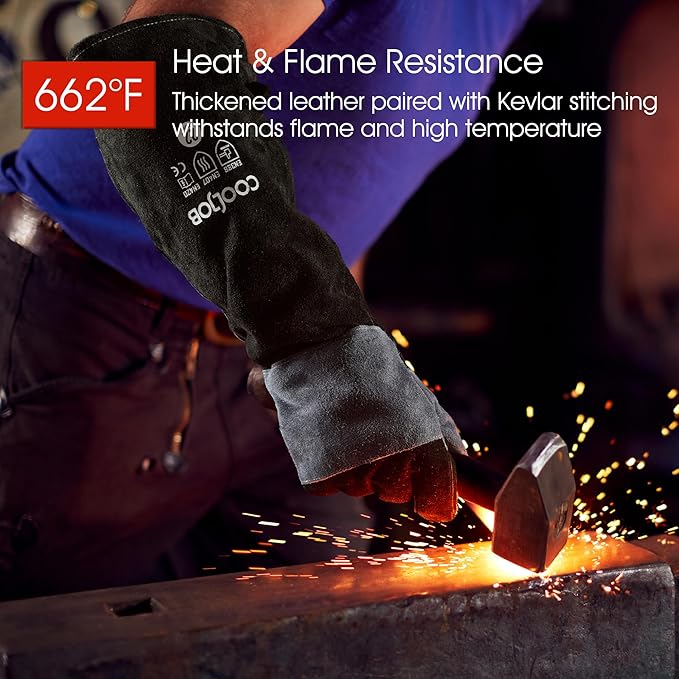 COOLJOB Kevlar Bite Proof Animal Handling Gloves for Cat Grooming, Dog Training, Leather Protective Gloves for Men, 16/22"