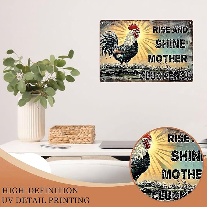 Metal Cluckers Rise and Shine Mother Cluckers Vintage Tin Sign for Home Decor Cave Barn Coop Wall Decoration Bedroom 12X16Inch