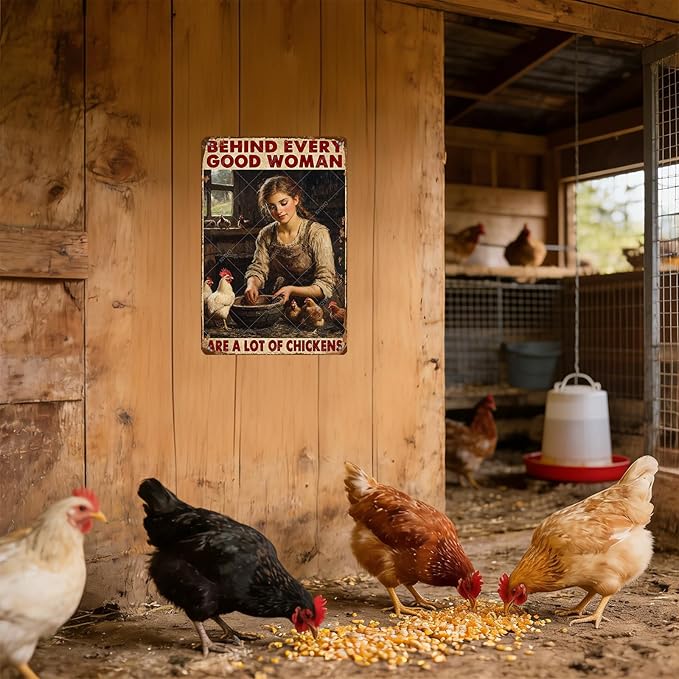 Garden Chicken Vintage Tin Sign Behind Every Good Woman Are A Lot Of Chickens Wall Decoration Poster For Home Garden Kitchen Yard Farm 12x8 Inch