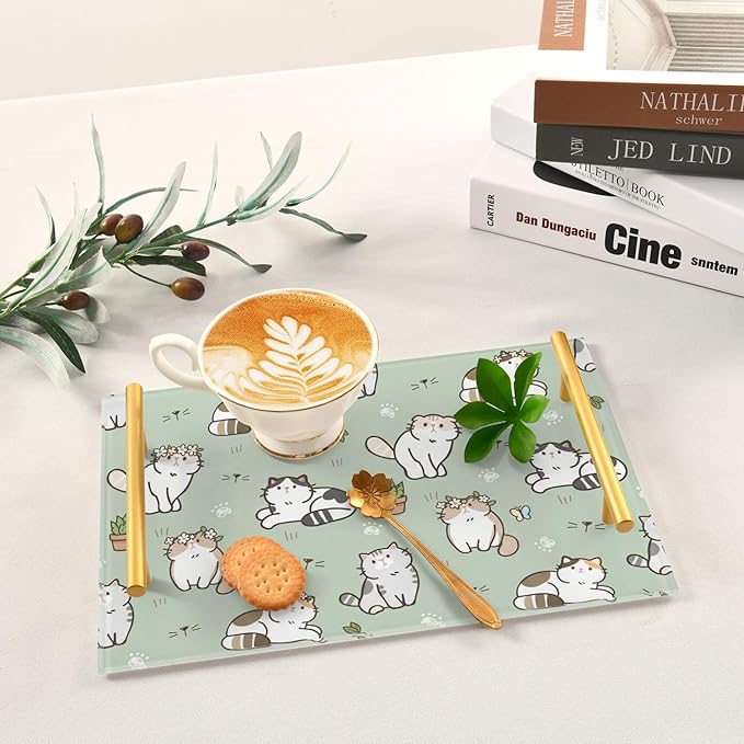 Bathroom Vanity Tray Counter Organizer, Cartoon Cats Green Decorative Tray with Handles Countertop Storage for Bathroom Bedroom Kitchen Home Farmhouse