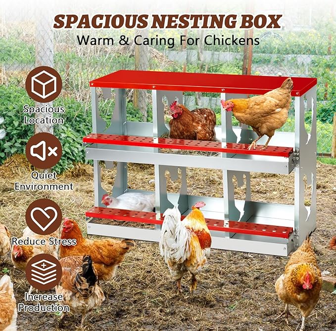 Chicken Nesting Box,Heavy Duty Metal Nest Boxes,6 Hole Roll Away Nesting Boxes,with Large Vented Holes,Wall-Mountable Chicken Coop Nesting Boxes,for Chickens,Ducks,Large Egg Boxes (Red 6 Hole)