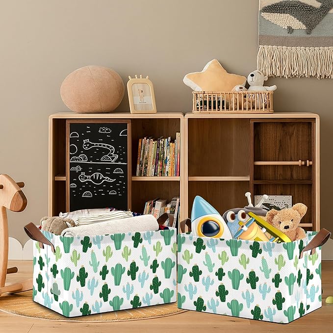 Cactus Tropical Storage Basket,Collapsible Storage Bin Cubes for Living Room Bedroom Blankets Home Storage 17x11.5x10Inch