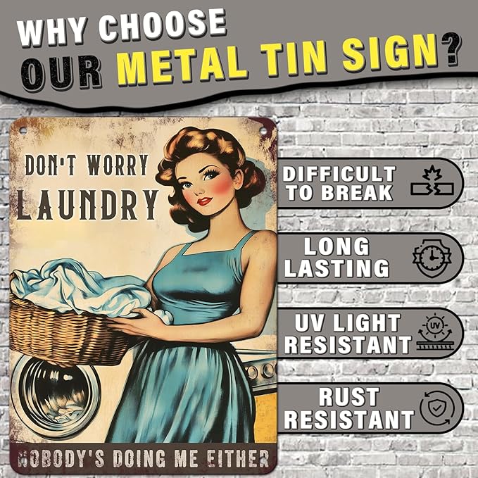 PEACHGARDEN Don't Worry Laundry Vintage Tin Sig Funny Sarcastic Retro Housewife Design Metal Tin 1950s Mom Laundry Sign Laundry Room Wall Decor for Home 12x16inch