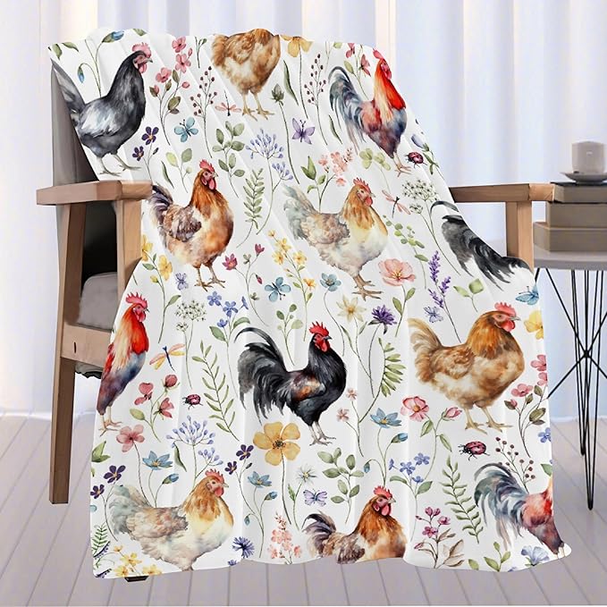 Floral Chickens Throw | Rooster Chicken Home Decor Flannel Blanket for Couch/Travel/Camping | 50''x60'' for Teens