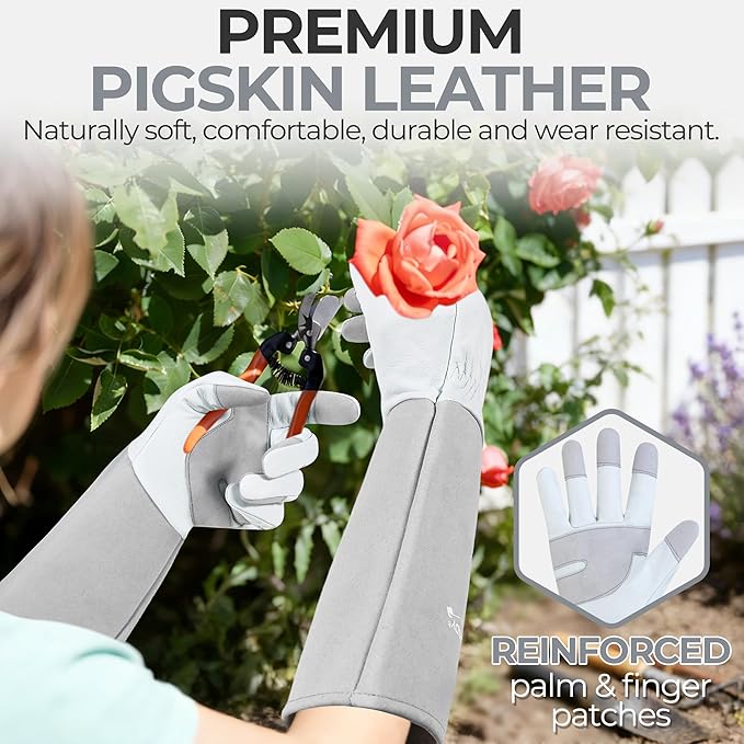 HANDLANDY Long Gardening Gloves for Men & Women, Thorn Proof Rose Pruning Gloves Leather Gauntlets Garden Glove Yard Work Glove (Silver Gray, Small)