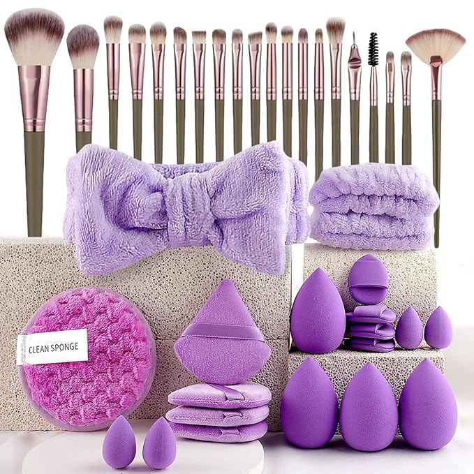 40 PCS Professional Makeup Brush Tools Set, Cosmetic Brush Sponge, Puff, Headband, Brush Cleaning Bow Set, Facial Makeup, Cleaning Accessories, Makeup Products, Valentine Day Item (Purple-40PCS)