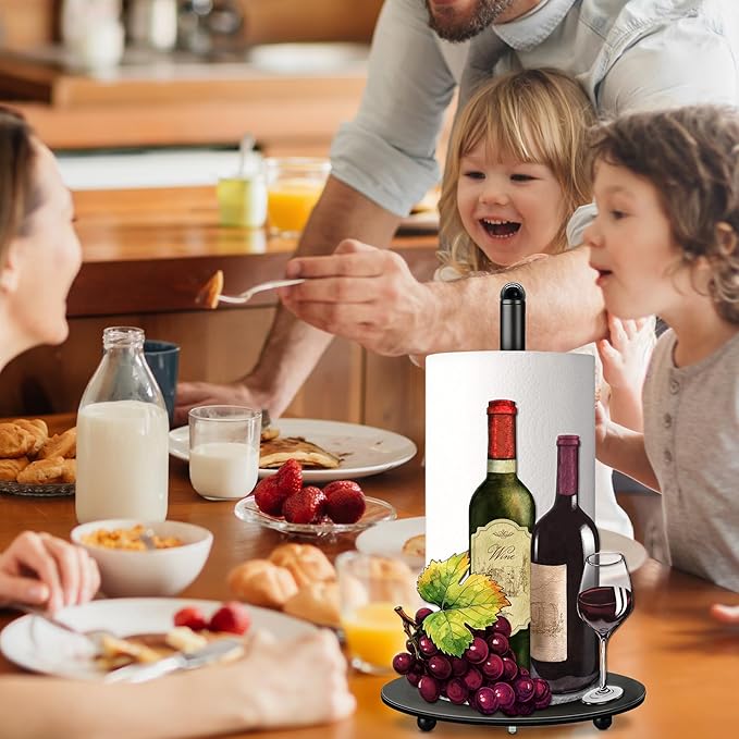 Hexagram Wine Decor Paper Towel Holder - Rustic Country Kitchen Countertop Decor for Red Wine Lovers - Cute Farmer Grape Housewarming Gift for Enophile