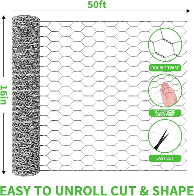 Chicken Wire 16in x 50ft, Chicken Wire Fencing for Floral Arrangements, Chicken Wire Mesh Hexagonal Galvanized Mesh Poultry Wire Netting for Crafting, Garden Protection, Fruits, Rabbit Fencing