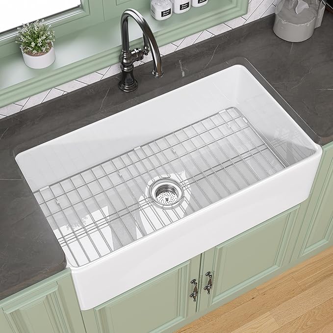TUKTUK White Farmhouse Sink 36 x 20 Fireclay Apron Front Farm Sink Undermount Single Bowl Deep Big Capacity Extra Wider Reversible Modern with Luxury Accessory Kit