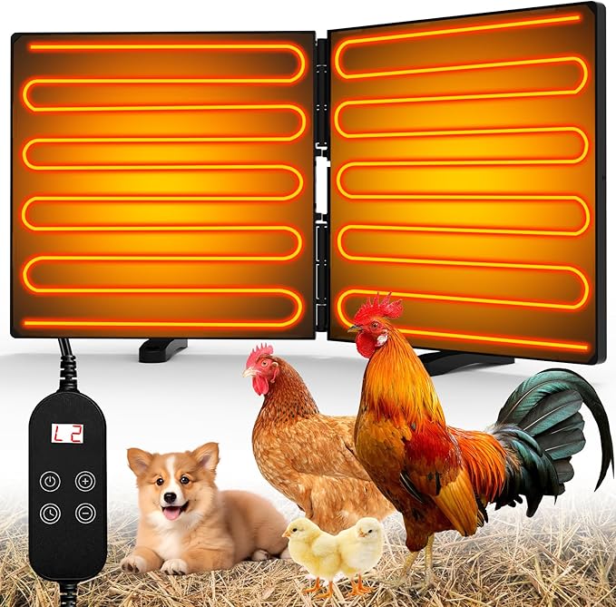 Chicken Coop Heater - Adjustable Temperatures & 5 Timers, Large Size Foldable Energy Efficient Radiant Heat Coop Heater for Chicken, Kitten, Puppy & Pets