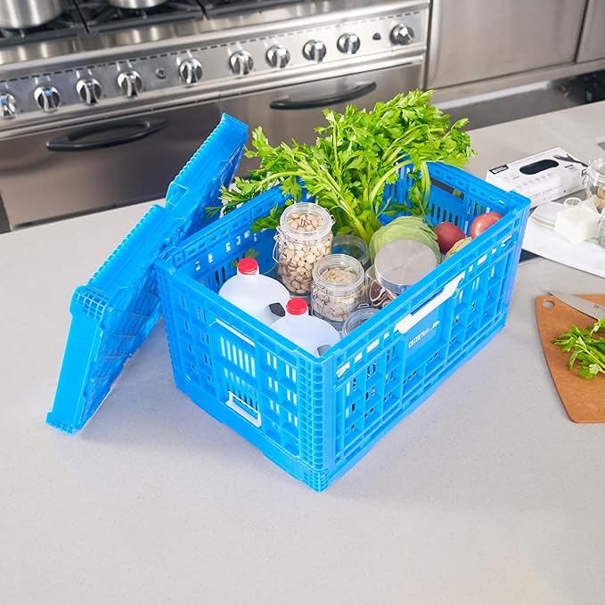 Restaurantware Plastic Milk Crates for Storage - 10 Pack - Cater Tek Stackable Storage Buns for Organizing - Collapsible Storage Basket for Groceries, Home Supplies, Blue