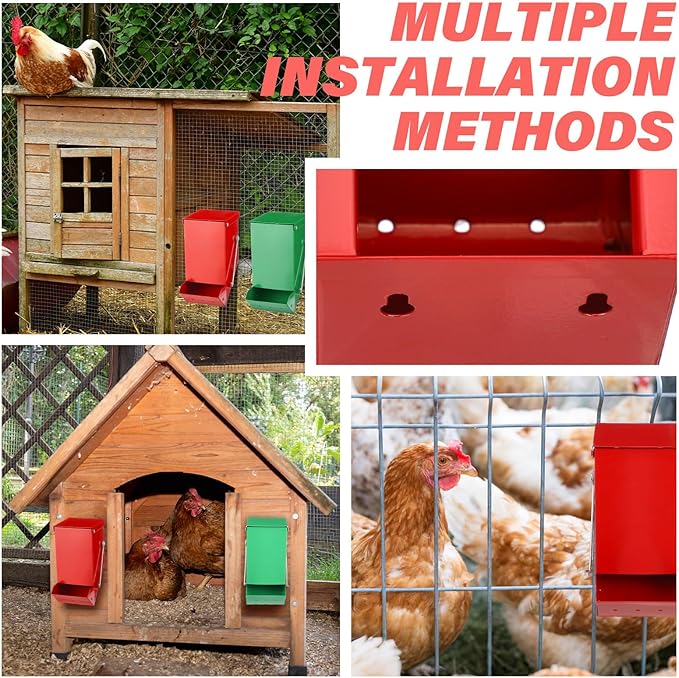 Zonon 2 Pcs Chicken Oyster Shell and Grit Feeder Metal Automatic Feeder with Lid Chicken Coop Accessories Multiple Installation Methods for Hens Chicks Cages Wall Pillar(Green and Red)