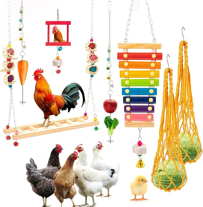 9PCS Chicken Toys for Coop, Chicken Xylophone Toy, Swing Mirror Chewing Toys for Hens Vegetable Hanging Feeder, Beak Grinding Calcium Stones with Bells Cage Toy for Cockatiel Parakeet Parrot Budgies