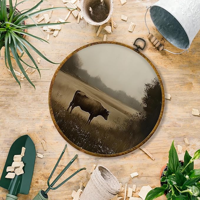 Hiuwevt Vintage Moody Cow Round Wall Art Decor, Dark Academia Cow Framed Canvas Prints, Rustic Cottagecore Farm Animal Round Wall Hanging Decor for Home Bedroom Living Room Decorations, 10x10 Inches