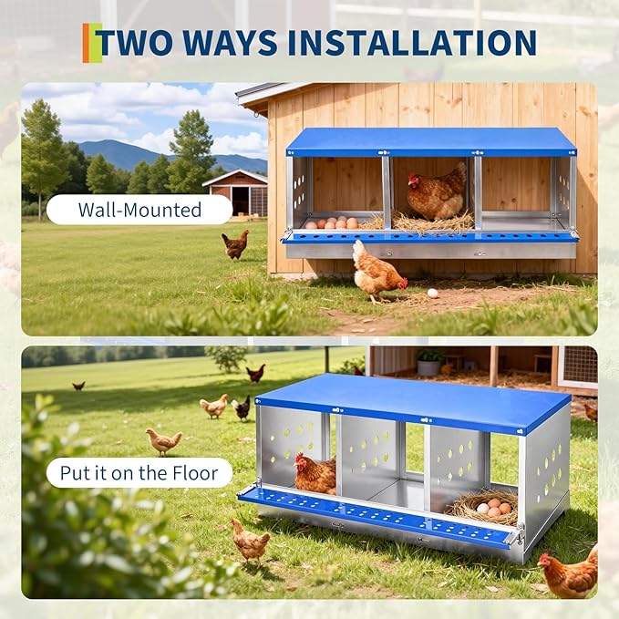 Metal Chicken Nesting Boxes - 3 Hole Wall-Mountable Laying Boxes with Roll-Away Egg Collection, Weatherproof Galvanized Steel, for Chicken Coop, Blue