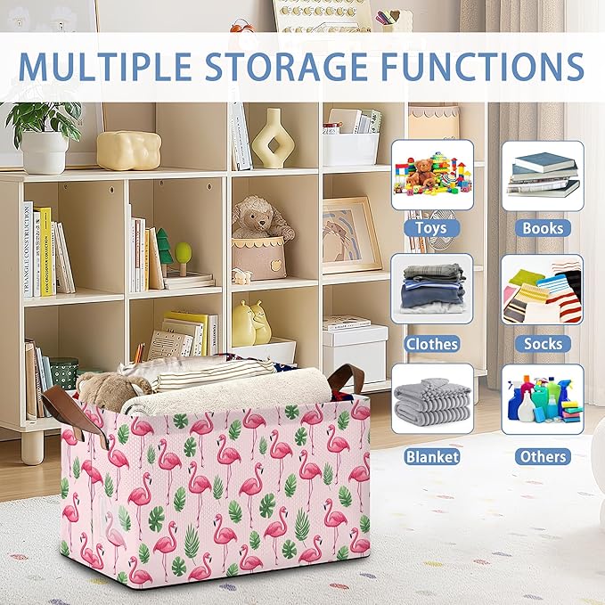 Flamingo Storage Baskets,Palm Leaves Tropical Foldable Organizer Bin with Handles for Home Living Room Bedroom Closet Box 17x11.5x10Inch