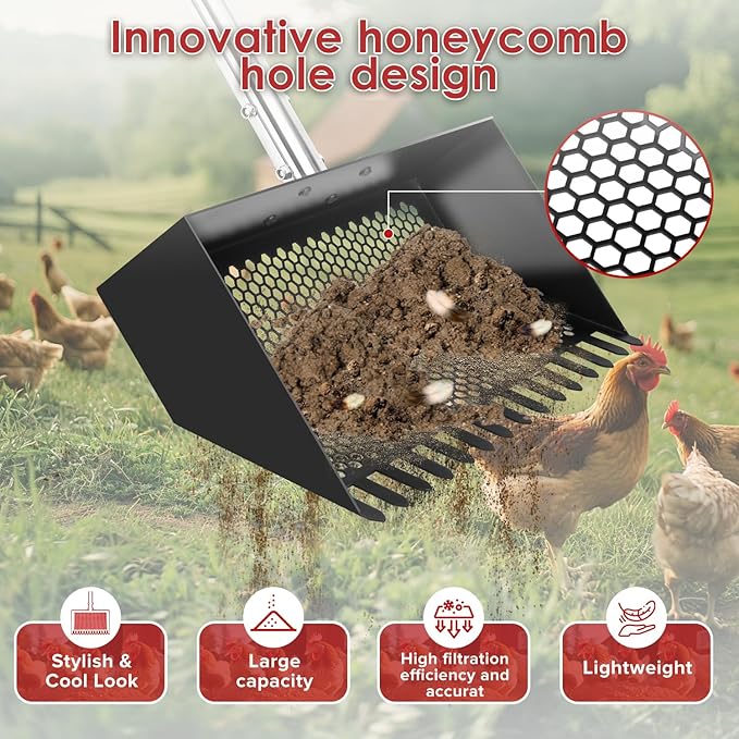 Chicken Poop Scooper & Rake 4-in-1, Metal Chicken Coop Scoop- Adjustable 23" to 66" Stainless Steel Handle, Sifting Litter Shovel for Chicken Coop, Goat Stall, Animal Farm, Stable Cleaning