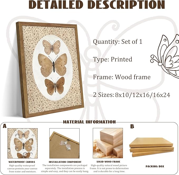 Framed Butterfly Canvas Wall Art, Vintage Butterfly Pictures Posters Wall Decor, Modern Farmhouse Decor, Rustic Retro Butterflies Paintings Prints for Bedroom Bathroom Shelf 16x24 inch