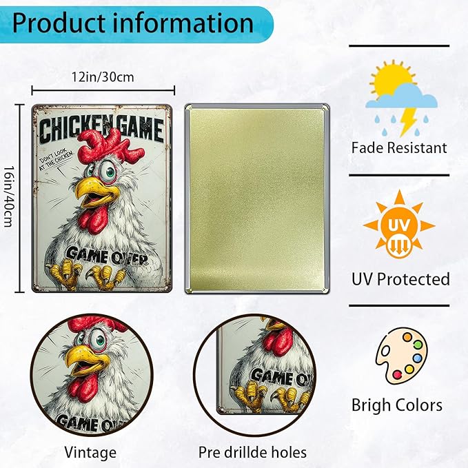Funny Chicken Game Tin Sign Plaque Metal Poster Home Kitchen Garden Restaurant Farm Wall Decor 16x12 Inch