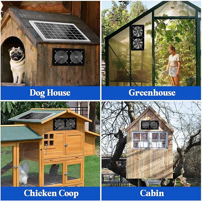 Solar Exhaust Fans & Powered Fan with 15W Panel & 2-Pack High-Speed Brushless DC Fans,Solar Ventilation Fan for Greenhouses, Chicken Coops, Attics, Barns, Sheds & Dog Houses