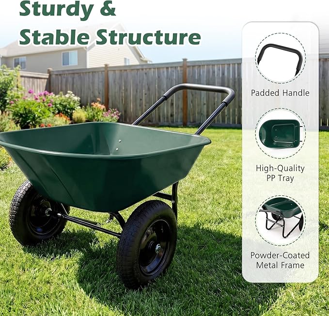 IRONMAX Dual-Wheel Wheelbarrow, Heavy Duty Wheel Barrel with All-Terrain Wheels, 330 LBS Utility Yard Cart with Built-in Stand, Outdoor Gardening Carts for Lawn, Farm, Planting (Dark Green)