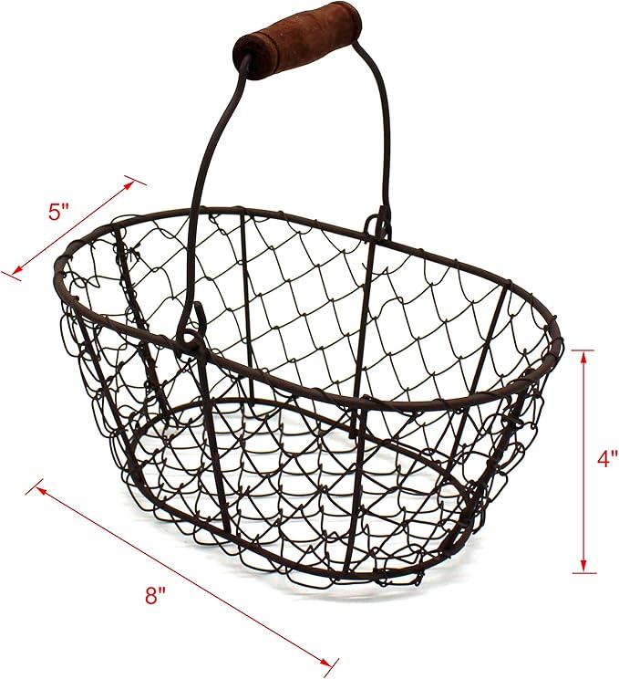 CVHOMEDECO. Metal Wire Small Egg Baskets Rust Fruit Baskets with Wooden Handle Country Vintage Style Storage Baskets. Set of 2