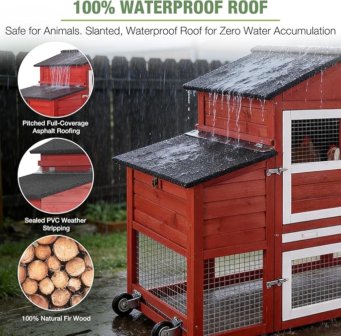 Chicken Coop for Outdoor - Poultry Cage with Wheels, Nesting Box, Leakproof Pull-on Tray, and Asphalt Waterproof Roof - Red
