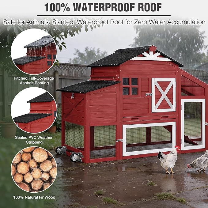 Mobile Chicken Coop with Run, Large Wooden Hen House Poultry Cage with Wheels, Nesting Box, Pull-Out Tray, Waterproof Roof, Red, 73.4" L x 27.9" W x 43.2" H, for 3-5 Chickens