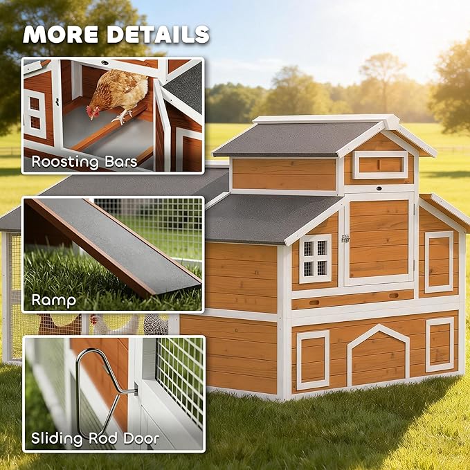 PawHut 79" L Chicken Coop for 6 Chickens, Outdoor Wooden Hen House Poultry Cage with Run, 2 Nesting Boxes, Slide-Out Tray, Waterproof Asphalt Roof, Sliding Rod Door and Roosting Bar, Orange